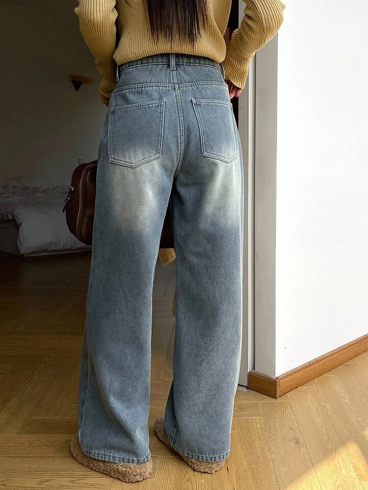 Relaxed Vintage Wide Leg Jeans, Autumn/Winter Thermal Lined Straight Leg Floor Length Jeans For Women Thermal Lined