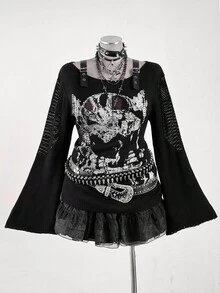 Sunspun 大码秋冬新款深色喇叭袖毛衣 - 黑色 - 查看 6