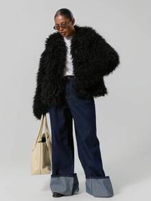 MUSERA 蓬松毛大码翻领外套 春夏款 - 黑色 - 查看 4