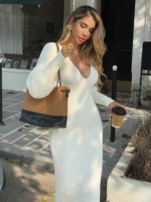 Livesso 女式 V 领长袖收腰长款针织毛衣裙，秋季 - 白色 - 查看 3