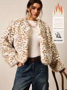SHEIN LUNE Abrigo corto de manga larga con forro de piel sintética para mujer de talla grande, adecuado para un estilo de oficina sexy, baile, San Valentín, crucero, viajes, negocios, vintage, fiesta, vacaciones, salida, dinero antiguo, capas ricas, cita, reunión, minimalismo, cumpleaños, evento formal, chica sexy, Ibiza, Nashville, vacaciones, recatado, elegante, casual, compras, ropa de calle, salir, que favorece tu figura, mostrando tu impresionante figura en otoño e invierno con estampado de leopardo - Multicolor - Ver 12