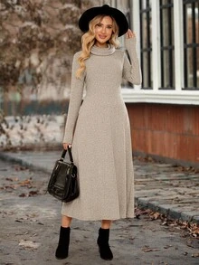 EMERY ROSE Women's Casual Solid Color Long Sleeve Dress, Autumn/Winter - Apricot - View 5