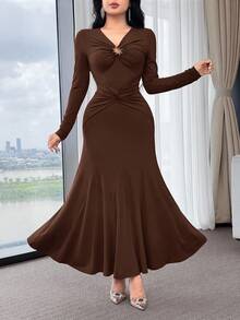 Feyla Twist, Ruched, Metal Decor, Waist Cinched, Long Sleeve, Elegant & Comfortable Party Dress ,Dresses For Women Elegant - Brown - View 2