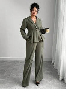 Elenzga 2 件大码女式优雅西装外套和喇叭裤套装，欧美风格，修身剪裁，职业通勤装，冬季秋季女式西装两件套服装女士商务休闲女士西装