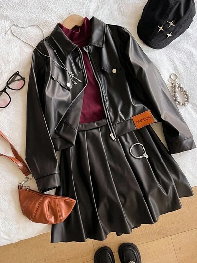 3 件套青少年女孩秋季甜美酷炫风格服装，包括带银色纽扣的 PU 皮夹克、酒红色高领上衣和黑色褶皱 A 字裙，适合春秋季日常穿着或聚会