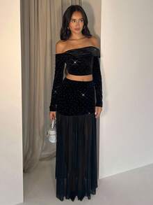 Glamine Women's Sexy & Elegant Velvet Rhinestone Off Shoulder Top And Velvet Rhinestone Mesh Skirt Set - Black - View 3