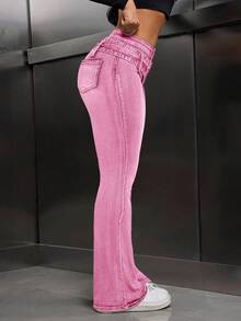 SHEIN Tall 休闲水洗低腰修身喇叭牛仔裤 - 粉色 - 查看 3