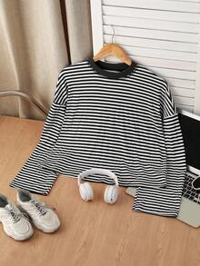 INAWLY 女士休闲条纹圆领落肩长袖T恤，简约时尚 - 黑與白 - 查看 3