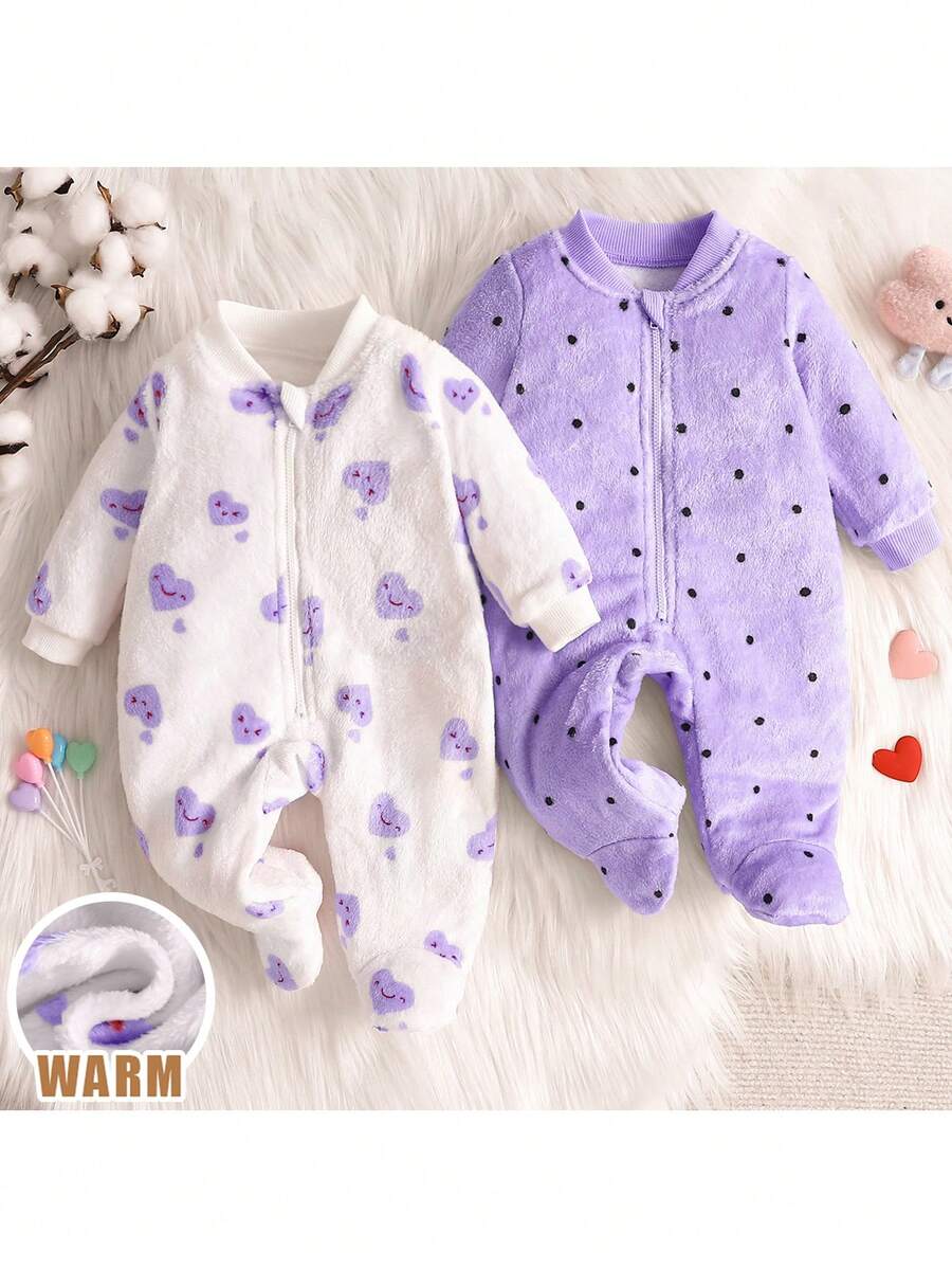 Loomiva 2 件装女婴秋冬波尔卡圆点和心形印花羊毛连帽长袖拉链连脚连体衣睡衣