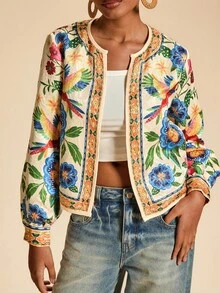 Travachic Floral Print Casual Jacket With Open Front For Women, Vacation Wear,Fall Winter Clothes, New Year Look, Summer Jackets For Women, Thanksgiving Outfits, Casual Outfits