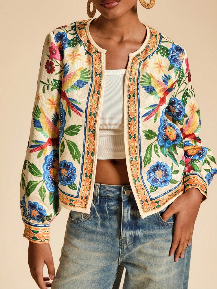 Travachic Floral Print Casual Jacket With Open Front For Women, Vacation Wear,Fall Winter Clothes, New Year Look, Summer Jackets For Women, Thanksgiving Outfits, Casual Outfits - Multicolor - View 7