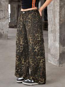 SHEIN Teen Girl Leopard Print Wide Leg Cargo Jeans Fall Winter - Brown - View 3