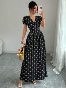 Elenzga Đầm dài tay bồng eo co giãn thanh lịch dành cho nữ mùa hè, đầm maxi. Dành cho mùa xuân/hè, trang phục dự tiệc cho nữ, trang phục thanh lịch, phù hợp để đi làm hàng ngày, lễ hội âm nhạc, trang phục ngày lễ - màu đen - Xem 6