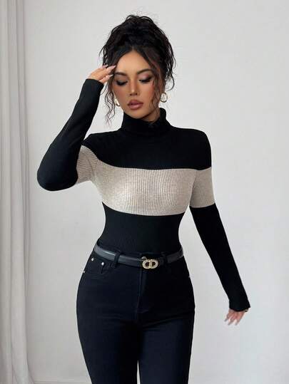 Elenzga Women's Turtleneck Patchwork Long Sleeve Bodysuit, Fitted, Contrast Color, Autumn/Winter
