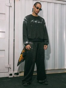 AXEPEAK Men's Fashion Rhinestone Embellished Sweatshirt And Sweatpants Clothes Set, For Fall Winter - Black - View 5