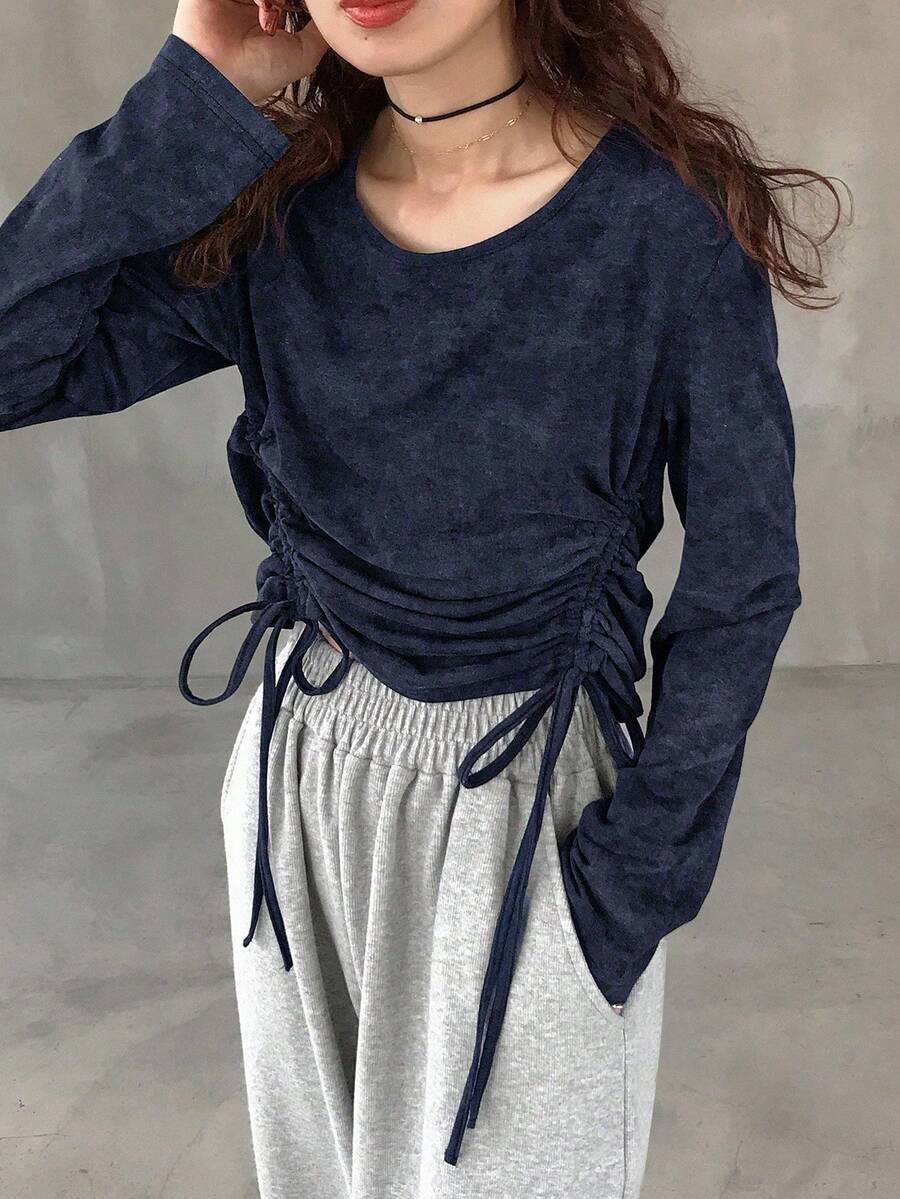 FRIFUL Áo thun dài tay cổ điển thường ngày dành cho nữ, mùa thu - Màu xanh hải quân - Xem 1