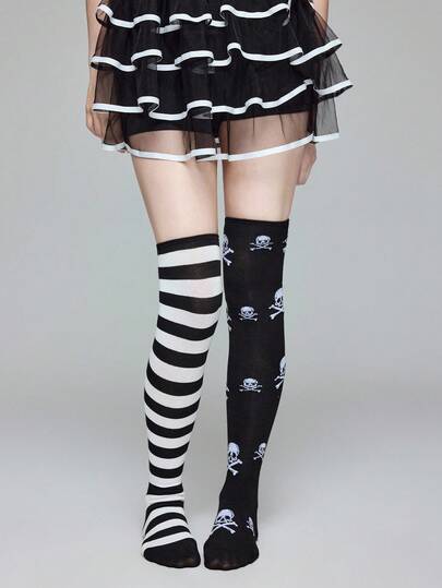 Grunge Punk 1 Pair Dark Rock Gothic White Skull Over-The-Knee Black Socks