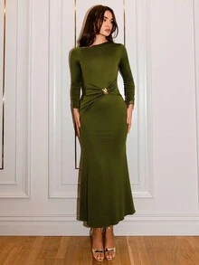 NOVVYNE 女士金属纽扣针织修身优雅派对长袖连衣裙，绿色，时尚外出约会之选 - 綠色 - 查看 6