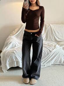 SHEIN Camiseta de manga larga ajustada para adolescentes, unicolor con busto fruncido, camiseta casual y dulce para niña, adecuada para volver al colegio, ocasiones festivas, picnic familiar al aire libre, uso diario, color marrón