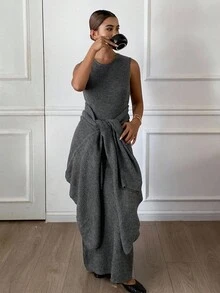 Livesso Women's Loose Jacket And Fitted Dress 2 Pieces Set, Autumn - Grey - View 6