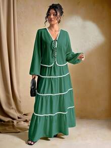 SHEIN Tall 加大码女式编织纹理长袖开衫，搭配系带腰带，撞色荷叶边下摆设计，松紧腰长裙，法式优雅浪漫两件套 - 橄欖綠 - 查看 5