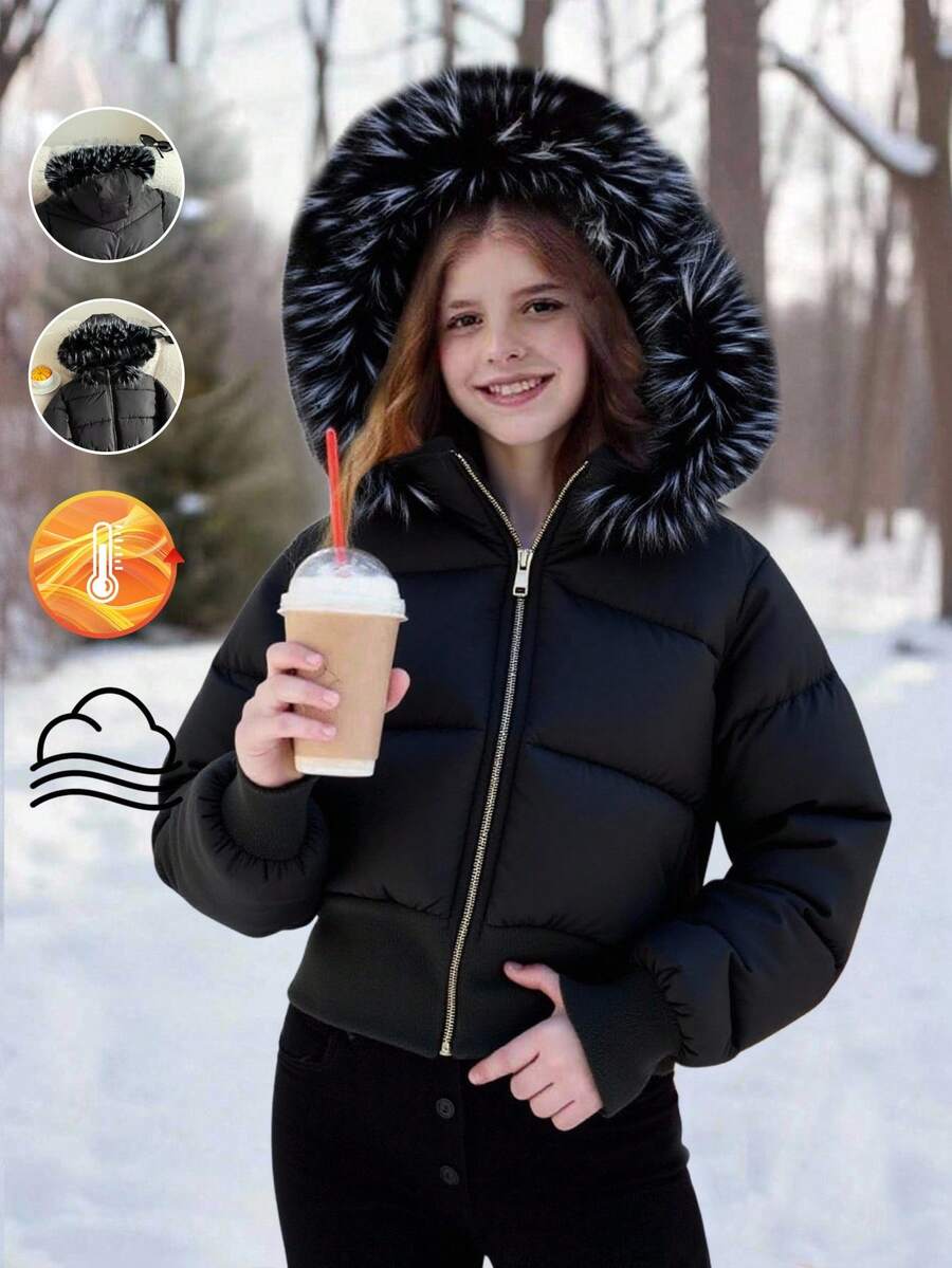 Abrigo acolchado con cremallera y cintura alta con cuello de piel desmontable, estilo minimalista y de moda para niña preadolescente, adecuado para uso diario en invierno