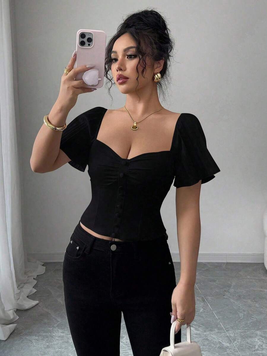 Selianne 褶皱短袖修身优雅女士衬衫 - 黑色 - 查看 1