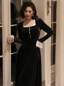 DAZY Vestido de fiesta elegante para mujer, vestido de longitud media con mangas abullonadas, parches de encaje y bloques de color, otoño