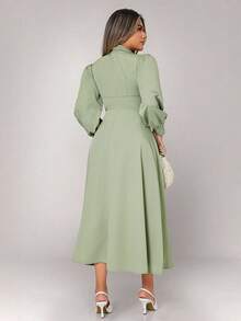 Xyvia 女式优雅纯色灯笼袖前扣衬衫裙 - 薄荷綠 - 查看 2