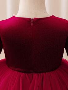 Glamorique Kids 女童红色长袖连衣裙，薄纱荷叶边裙摆，珍珠手工刺绣婚礼宾客礼服，宝宝生日派对礼服，女婴高端连衣裙 - 酒紅色 - 查看 3