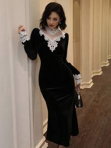 DAZY 女士优雅蕾丝拼接中长款派对礼服，秋季舞会嘉年华礼服 - 黑色 - 查看 6