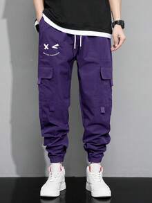 Claim Dot Men Cartoon Printed Drawstring Waist Flap Pocket Loose Jogger Cargo Pants, Fall - Purple - View 3