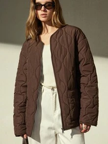 Aveloria Modichic Loose Versatile Zipper Pocket Decor Round Neck Padded Coat - Coffee Brown - View 4