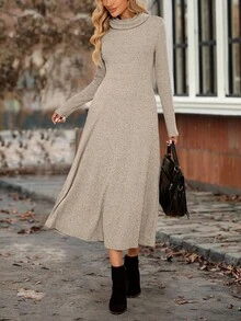 EMERY ROSE Women's Casual Solid Color Long Sleeve Dress, Autumn/Winter - Apricot - View 7