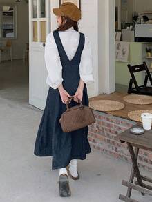 DAZY Women's V-Neck Long Suspender Dress, Casual & Elegant Denim Dress