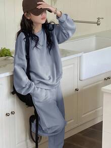 Dazy Kids 2 件套青少年女孩秋季服装，圆领字母刺绣运动衫，返校服装 - 霧霾藍 - 查看 3