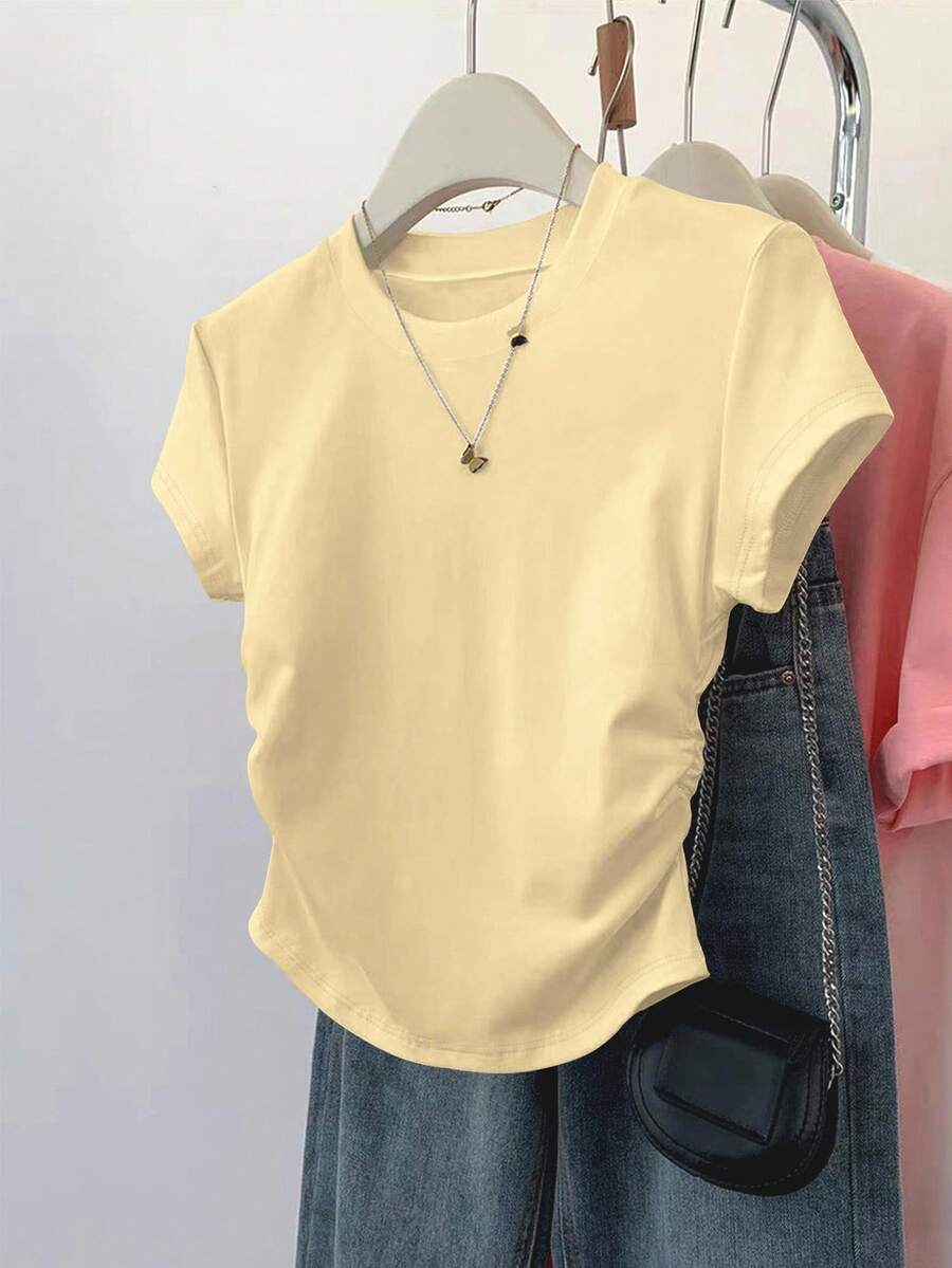 INAWLY Fashionable Ruched Waist Fitted Versatile Summer Women Short Sleeve T-Shirt - Light Yellow - View 1