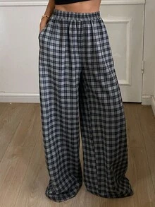 DAZY 女士宽松休闲格子直筒裤，适合商务通勤，简约时尚，秋冬 - 黑色 - 查看 6