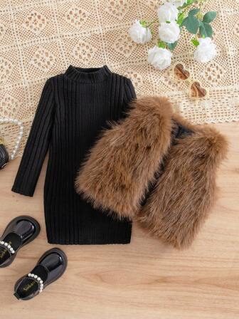 SHEIN Babygirl Cute & Elegant Fuzzy Knit Long Sleeve Dress Set, Autumn/Winter Fall Babygirl Versatile Casual Cute Elegant Lady Plush Knitted Long-Sleeved Ribbed Texture Dress Plush Coat Set 2 Pieces, Autumn And Winter, Brown Plush Coat And Black Dress, Versatile Autumn And Winter Warm Fashion, Cutting-Edge Fashion Design Can Be Worn Indoors And Outdoors, Care For Baby's Skin, Mother's Shopping First Choice Suitable For Indoor And Outdoor, Daily, Sports, Play, Party, Photo, Vacation, Festival