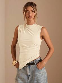 SHEIN BAE Women's Solid Color Stand Collar Pleated Asymmetric Hem Fitted Casual Tank Top, Spring/Summer - Apricot - View 4