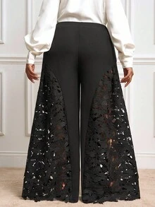 Veslaya Quần ống rộng phối ren dự tiệc thanh lịch mới 2025, Thu/Đông - màu đen - Xem 2