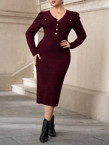 Chikora Plus Size Women Burgundy V-Neck Puff Sleeve Fitted Knit Midi Dress,Autumn Curve Elegant Cocktail Bodycon Ribbed Long Sleeve Work Office Wear Outfits - Burgundy - View 8