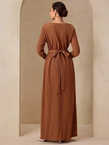 Graceveil 秋季棕色针织纹理面料腰带设计褶饰优雅长款毕业礼服 - 棕色 - 查看 2