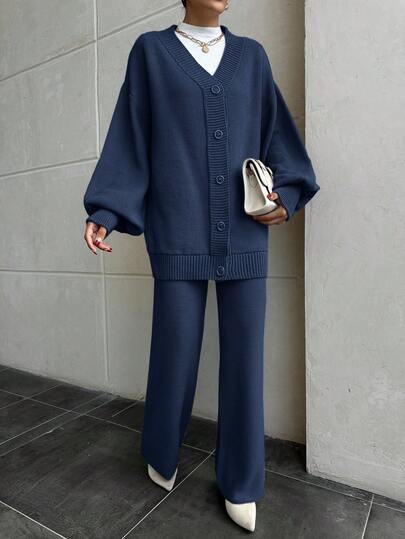 EURMUSE Women Drop Shoulder Button Front Cardigan And Sweater Pant 2 Pieces Outfit Set Co-Ords