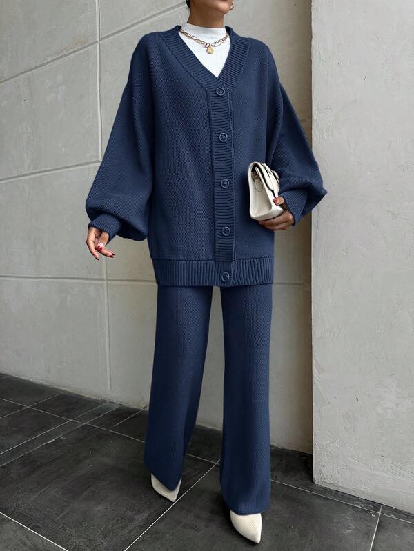 EURMUSE Women Drop Shoulder Button Front Cardigan And Sweater Pant 2 Pieces Outfit Set Co-Ords
