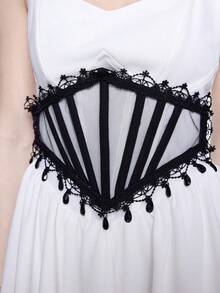 ROMWE Grunge Punk 1pc Women's Black Mesh Lace Rhinestone Pendant Tie-Up Decor Elastic Waist Belt Corset Dress Accessory, Goth Style For Halloween Costume - Black - View 6