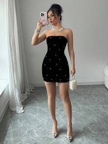 Selianne Halloween Costume Black Strapless Pearl Waist Velvet Elegant Romantic Women Dress - Black - View 9