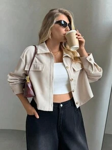 Auralis 大码秋季女装纯色简约休闲长袖夹克秋季，杏色夹克，机场服装，纽扣夹克，女士休闲装，女士冬季夹克，女士秋冬服装 - 米色 - 查看 1