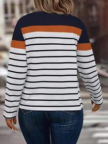 EMERY ROSE 大码女式休闲拼色条纹印花图案T恤 - 彩色 - 查看 2