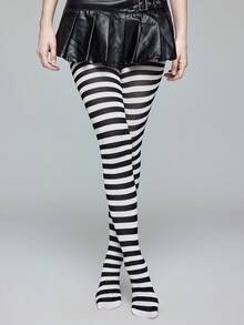 ROMWE Grunge Punk 1 Pair Gothic Style Black & White Striped Tights - Black and White - View 2